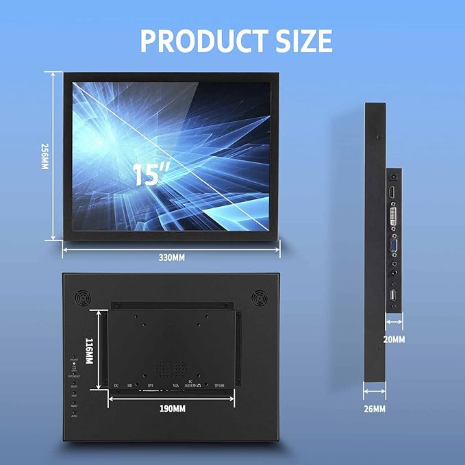 VSDISPLAY Portable Industrial Monitor with Dual Speaker15 Inch 1024x768 4:3 IPS LCD Touchscreen and VGA DVI Video InputMetal Shell with Bracket