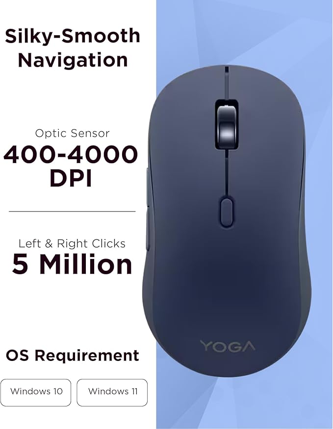 Lenovo Yoga Bluetooth Silent Mouse 3 Level DPI Adjustment 36 Month Battery Life Bluetooth 5.3 3 Device Paring Whisper Quiet Programmable Buttons Smooth Finish Cosmic Blue