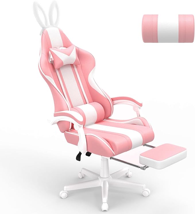 Ferghana Kawaii Pink Gaming Chair with Bunny Ears Ergonomic Cute Gamer Chair with Footrest and Massage Racing Reclining Home Computer Game Chair for Girls Adults Teens Kids