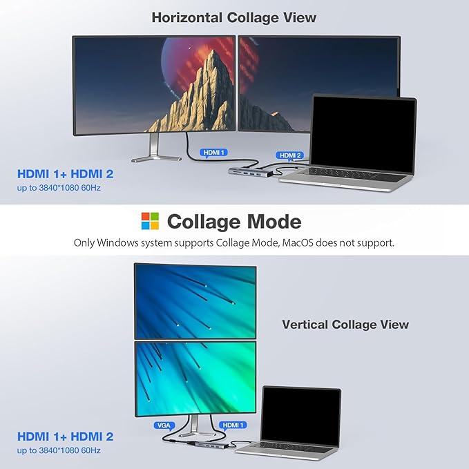 USB C Hub Dual HDMI Adapter OBERSTER 9-in-1 Triple Display Docking Station 4K HDMI with Collage Display Mode VGA 100W PD 3 USB 3.0 and TF/SD Card Compatible with MacBook and Windows
