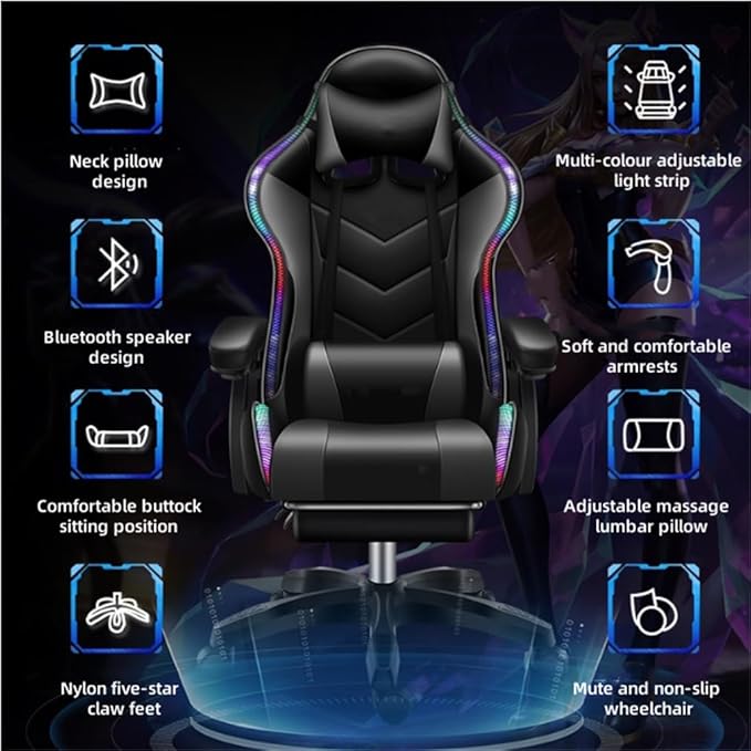 Pink Gaming Chair with Footrest Cute Kawaii Gaming Chair for Girl Bluetooth Speaker and Linkage Armrests Design Comfortable Reclining Game Chair for Gaming