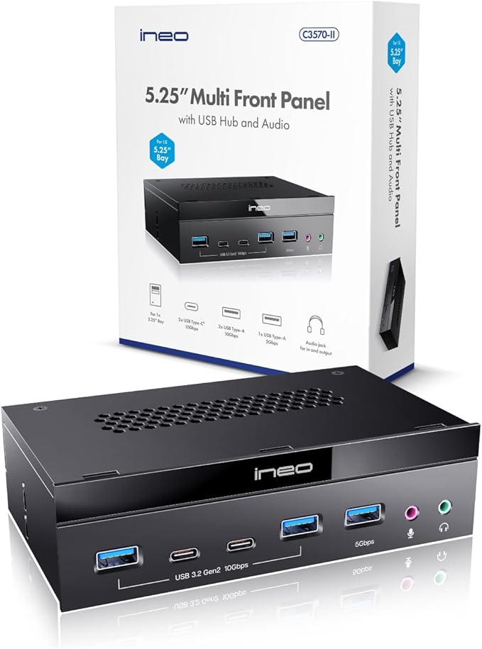 Ineo 5.25 Front Panel USB 3.2 Gen 2 Hub - 2X 10G USB-C 2X 10G USB-A 1x USB 3.0 Type-A Audio &amp Mic Jack [3570II]
