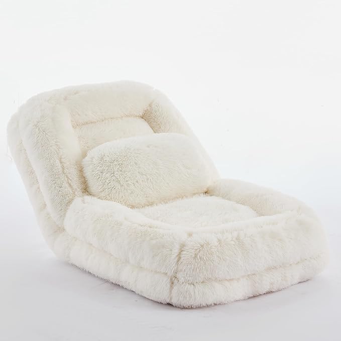 Floor Chair with Back Support Human Dog Bed with 5 Adjustable Position Convertible Lazy Floor Lounger Comfy Gaming Chair Plush Folding Sofa Bed for Adult Living Room Bedroom Cream Beige