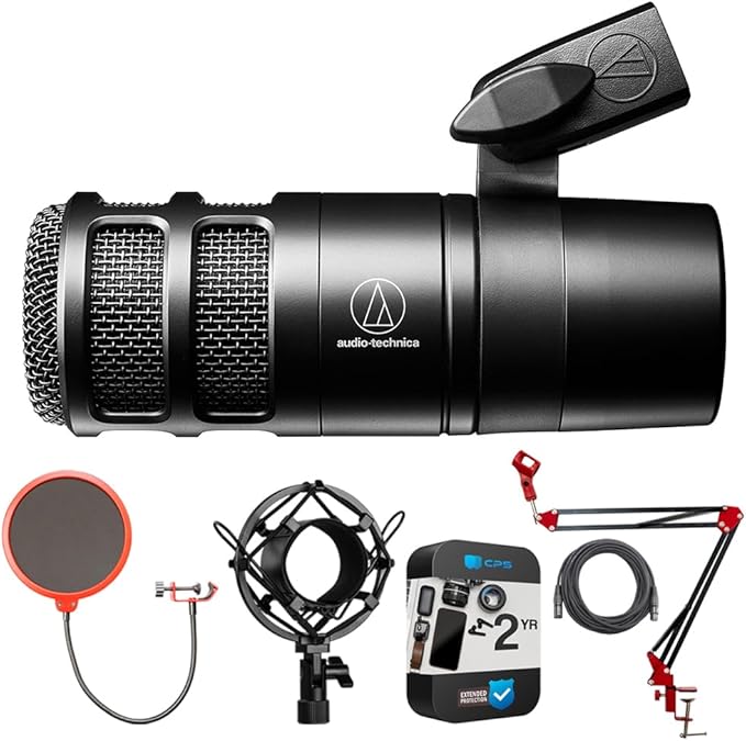 Audio-Technica Hypercardioid Dynamic Podcast Microphone AT2040 Bundle with 2 YR CPS Enhanced Protection Pack Metal Shock Mount Pop Filter Suspension Boom Scissor Arm Stand and 25ft XLR Cable
