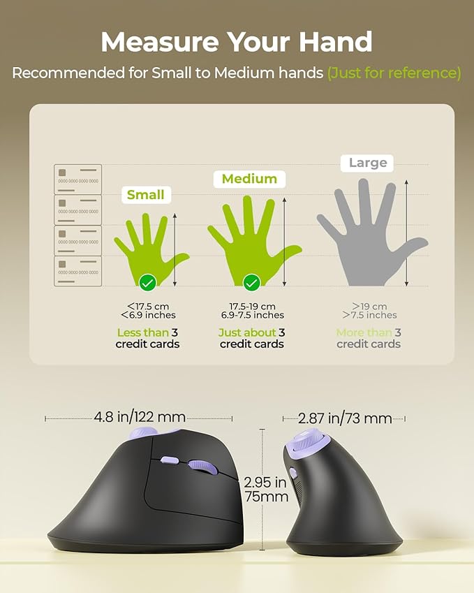 seenda Ergonomic Mouse Wireless MOU-302 Bluetooth Vertical Mouse Rechargeable Optical Mice with 1000/1600/2400 DPI Volume Knob 3 Multi-Device Connectivity for Computer/PC/Laptop/Mac Black Purple
