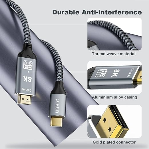 USB C to HDMI 2.1 Cable 6.6FT 8K@60Hz 4K@144Hz Thunderbolt 3/4 Compatible with MacBook Pro/Air iPad Pro iPhone 15 Supports HDCP 2.3 &amp HDR10 High Speed 48Gbps for XPS Galaxy S22 Gaming Monit