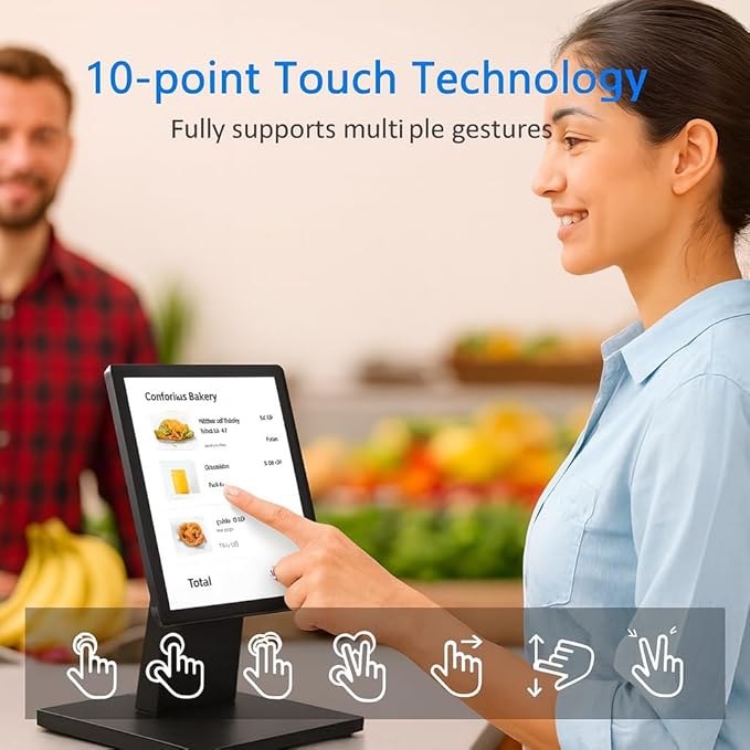 ANGEL POS 12” Touch Screen Monitor 1366×768 HD POS Display with HDMI &amp VGA Splash-Resistant Front Adjustable Metal Stand Ideal for Customer Display Checkout Counter or POS Terminal
