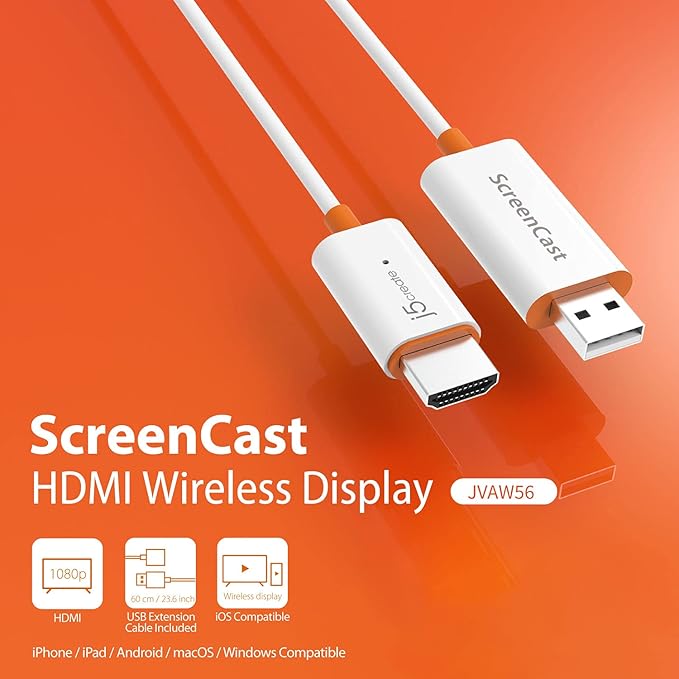 j5create ScreenCast HDMI Wireless Display Adapter Receiver - Mirror Phone Tablet Laptop to HDTV - Compatible with MiraCast AirPlay Android Windows 10 PC iOS iPhone Tablet (JVAW56)