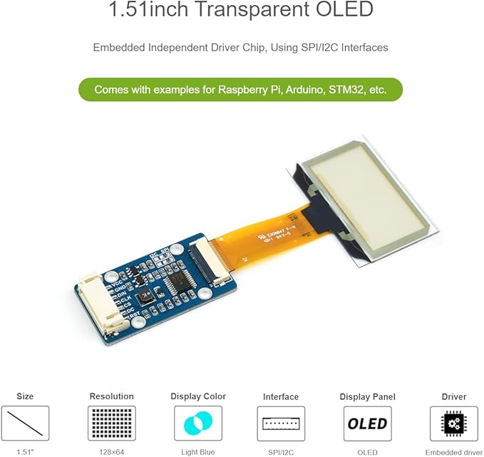 waveshare for Raspberry Pi/Arduino/STM32 1.51 Transparent OLED Screen with Expansion Board 128x64 Pixels Light Blue Color Display3.3V / 5V Voltage Embedded Chip SPI/I2C Interfaces