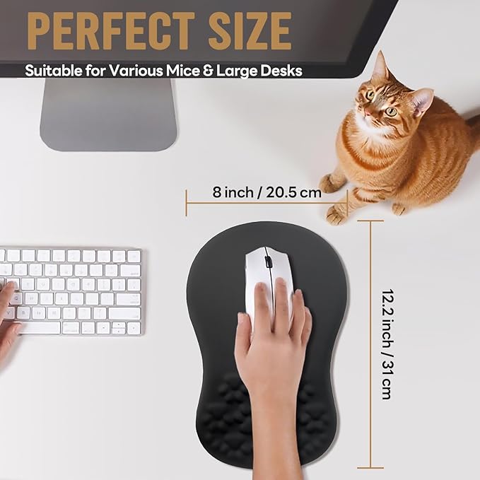 Black Ergonomic Mouse Pad with Wrist Rest SupportNon-Slip PU Bottom &amp Memory Foam Massage Bulge Cat Paw Pad DesignRelieves Carpal Tunnel Pain-an Ideal Mousepad for Office Desk Accessories