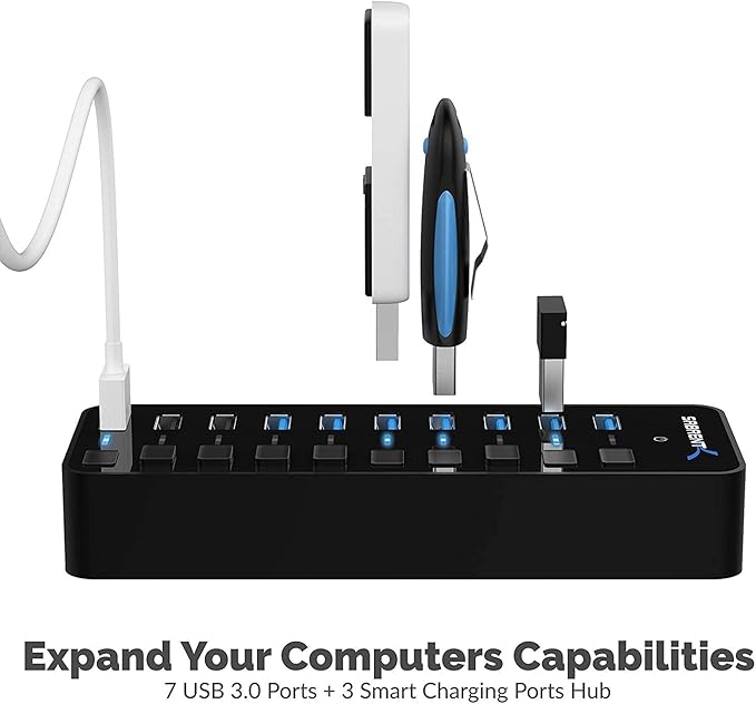 SABRENT 10-Port USB 3.0 Hub Individual Power Switches and LEDs 3 Smart Charging Ports 60W Power Adapter for PC Mac Xbox PS5 Laptop Desktop USB Devices (HB-B7C3)