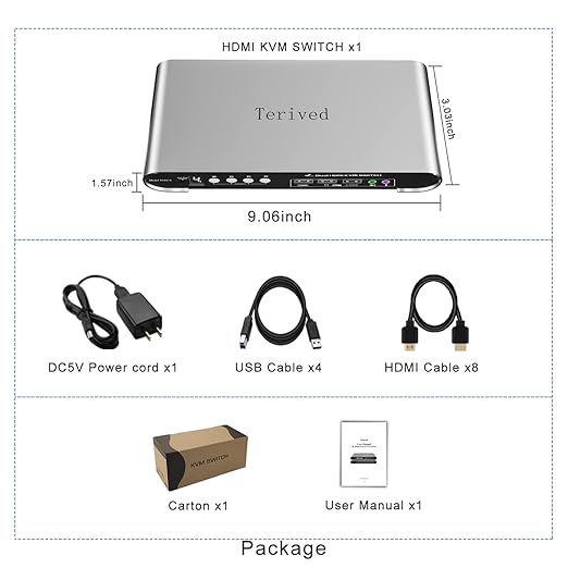 4 Computers 2 Monitors USB 3.0 HDMI KVM Switch 4K@60Hz with Hotkey Switching Automatic Switching 4 Port Dual Monitor Aluminum Digital Display USB 3.0 Audio/Mic EDID HDR10 with Cables