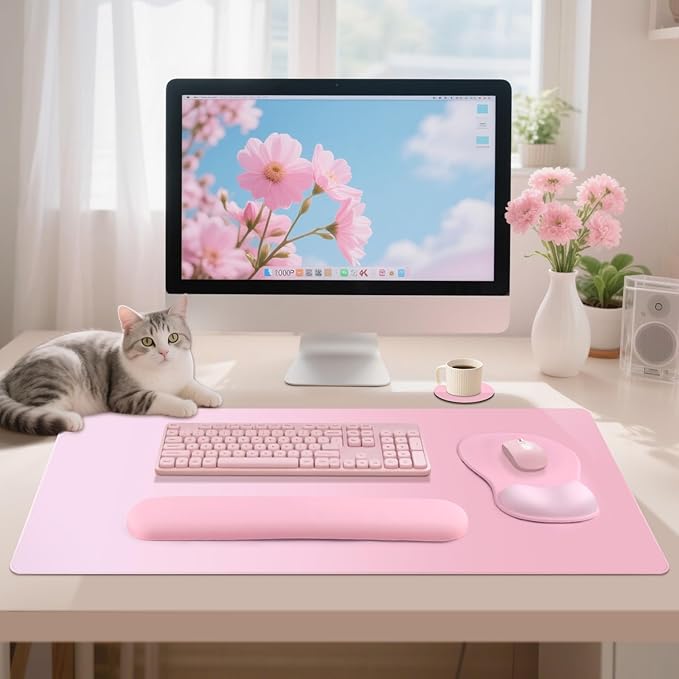 4-in-1 Large Gaming Mouse Pad Keyboard Wrist Rest Pad &amp Wrist Support Mousepad Set Extended Desk Pad Waterproof Desk Mat for Girl Women Home Office Decor Study Game 35.4×15.7 Inches I Soft Pink