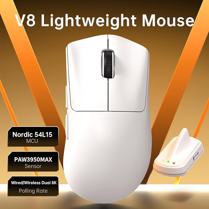 ATTACK SHARK V8 Wireless Gaming Mouse 59g Lightweight BT/2.4G Wireless/Wired Mouse PixArt PAW3950MAX Gaming Sensor 8K Polling42000 DPICoiled CableOffice Mice for PC/Win/Mac(White)