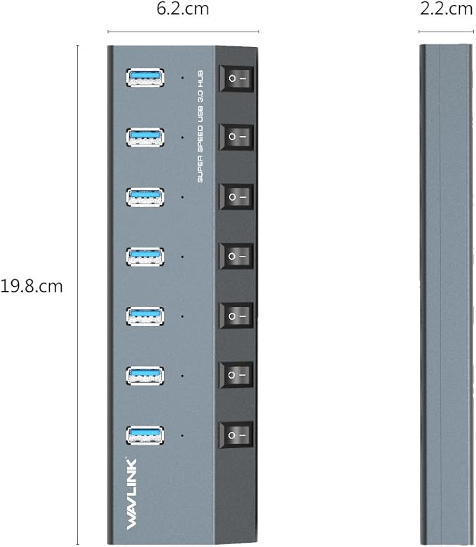 USB Hub 3.0 WAVLINK 7 Port Powered USB 3.0 hub 48W Charging 5V/2.4A Each Ports with Individual Switches LED Indicator USB Extension for Laptop MacBook iMac PC USB Flash Drives