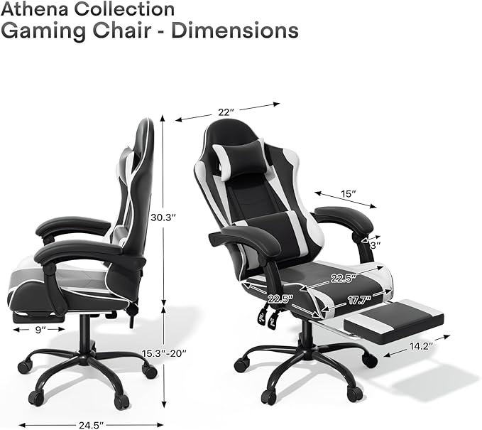 Athena Collection Gaming Chair Ergonomic Gaming Chair with Footrest &amp Headrest Lumbar Support Height Adjustable Swivel Computer Chair Office Chair for Kids Adults(White)