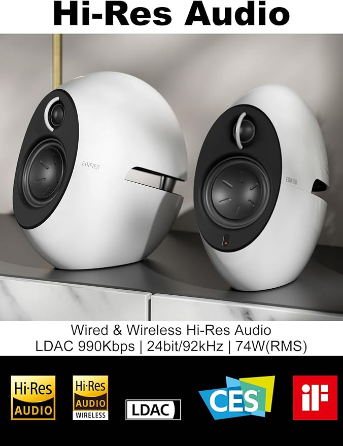 Edifier e25HD PC Speakers with Passive Bass Radiators &amp Bluetooth 5.3 LDAC for Desktop - Optical Input- 74W Near Field Powered Bookshelf Hi-Res Speakers with 24bit/96KHz Wired &amp 990Kbps Wirele