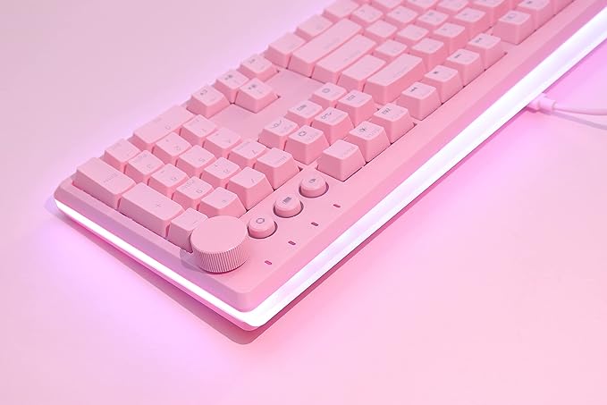 i-rocks K71M RGB Mechanical Gaming Keyboard with Media Control Knob Switches (Blue) 107 Keys w/Full NKRO PBT Keycaps Multimedia Hotkeys Detachable USB-C Cable and Onboard Storage Pink
