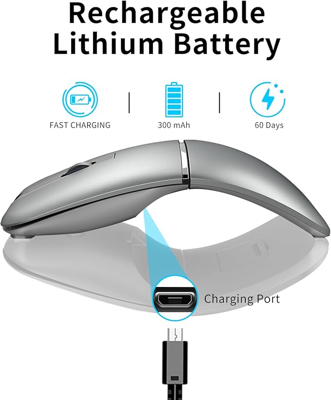 Bluetooth Arc Mouse Wireless Silent Travel Mouse Rechargeable with BT &amp 2.4G Dual Mode 1000/1600/2400 DPI Slim Rotatable Portable Mobile Mice USB Optical Computer Mice for PC Laptop Tablet -Sil