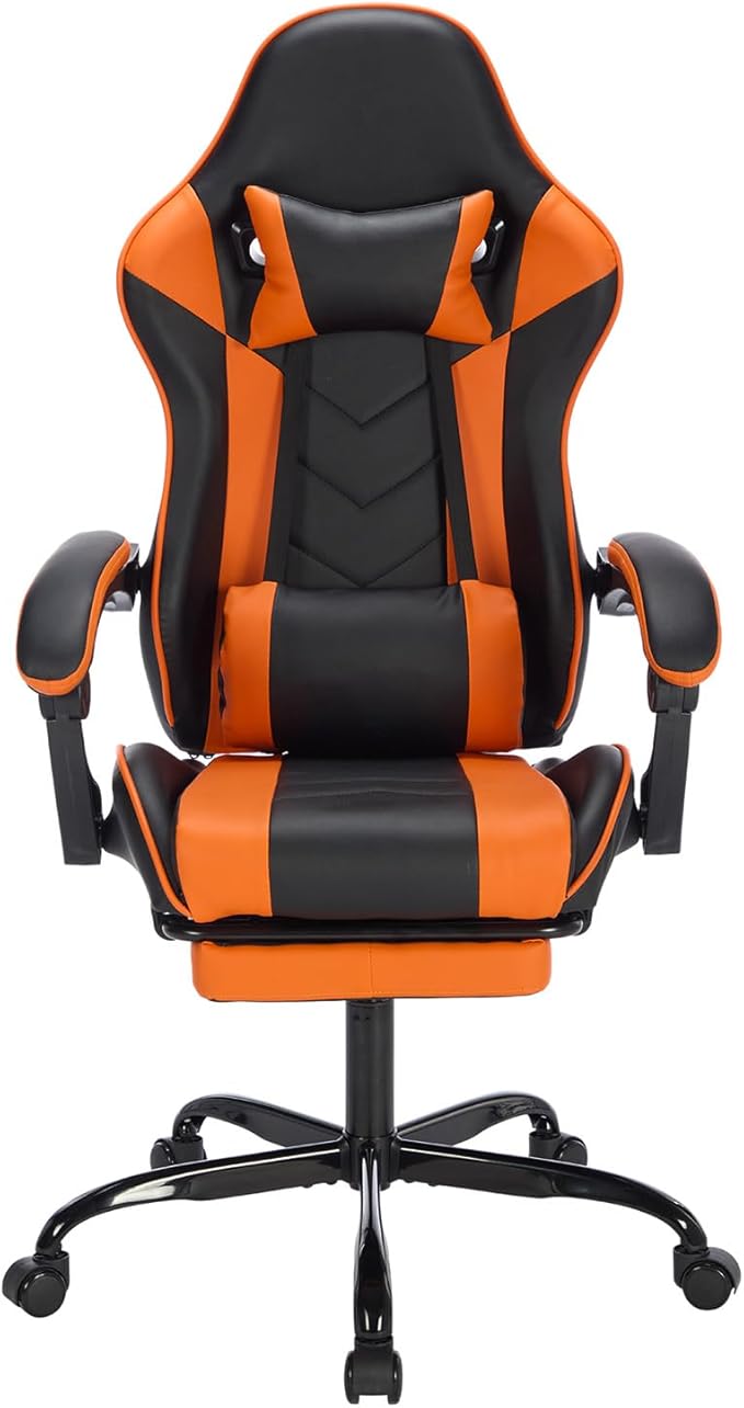 Leather Ergonomic Gaming Chair with Footrest Comfy Orange Gaming Chair with Comfortable Headrest &amp Lumbar Support for Adults Women Men Boys Kids 300 LBS Capacity (Black+Orange)