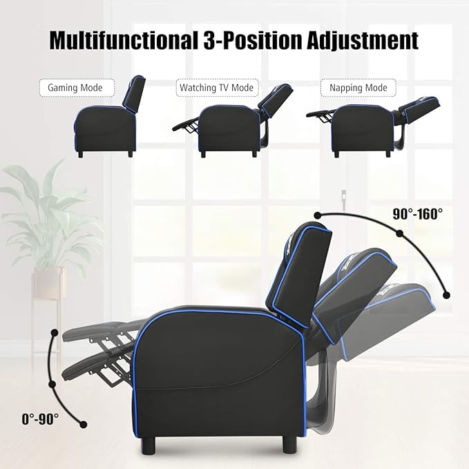 Gaming Recliner Movie Theater Chair w/Adjustable Backrest &amp Footrest Massage Lumbar Pillow Racing Single Sofa PU Leather Reclining Chair for Gaming Room Home Theater (Blue)