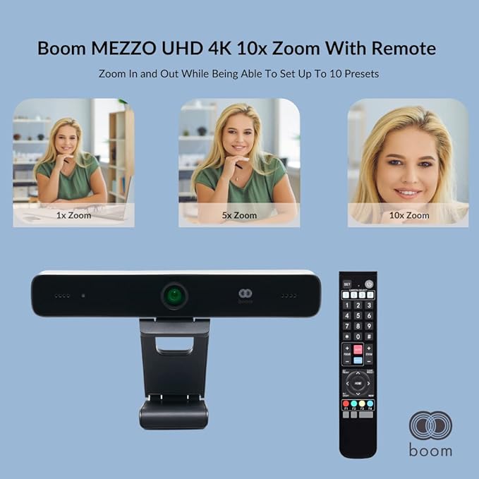 Boom Mezzo 4K AI Auto-Framing Conference Camera 115° Ultra Wide ePTZ Video Bar with Dual Mics USB 3.0 Plug-and-Play Zoom Certified Huddle Room Webcam for Teams/Meet/Zoom
