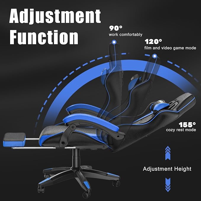 Gaming Chair with Footrest High Back Ergonomic Computer Gamer Chair with Headrest and Lumbar Support Racing Style Reclining Game Chair for Adults Kids (Blue-Black)