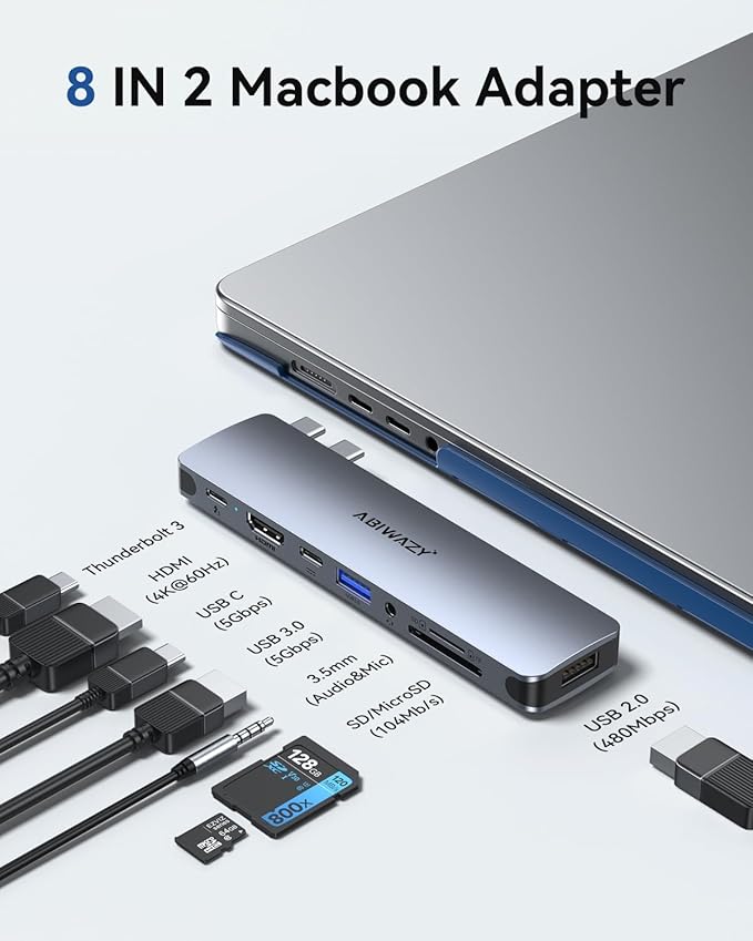 USB C Adapter HDMI USB Multiport Hub8 in 2 Accessories with 4K@60hz HDMIThunderbolt 3USB C and 3 USB A 3.0 Data Ports SD TF Card Reader Audio (Grey)