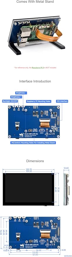 5 Inch DSI Touch Display for Raspberry Pi 5 IPS Panel 1024x600 Resolution Multi-Touch Adjustable Brightness