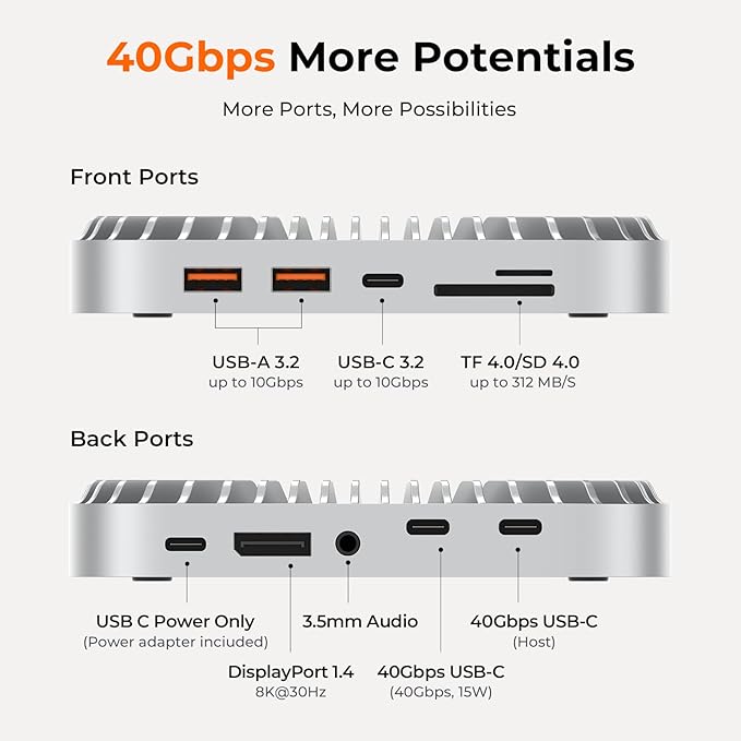 RayCue 40G Mac mini M4 Dock &amp Stand with 8T NVMe SSD Enclosure2X USB-A 3.2 10Gbps USB-C 3.2 10Gbps SD/TF 4.0 65W Power8K DP Video Interface 3.5mm Audio- Ultimate Mac mini M4 Accessories &amp