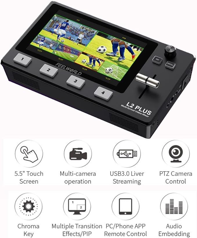 FEELWORLD L2 Plus Multi-Camera Video Mixer Switcher with 5.5 LCD Touch Screen PTZ Control Chroma Key Built-in Chroma Key and Logo Overlay USB3.0 Live Streaming