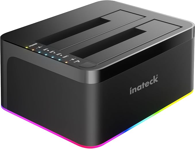 Inateck RGB USB 3.0 USB-C Port Hard Drive Docking Station with Offline Cloning for 2.5/3.5 Inch SATA HDDs and SSDs 2 x 20TB Dual Bay Docking Station UASP Supported SA02003C