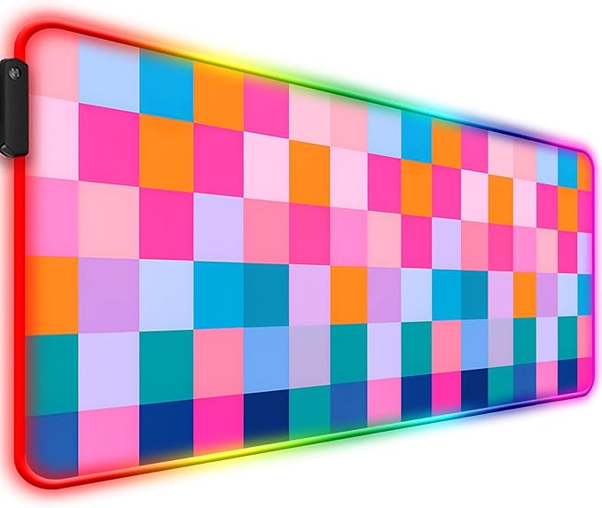 RGB Retro Coloful Checkered Gaming Desk Mat Computer Keyboard Large Extended Long LED Mouse Pad for Office and Home XL (W20)