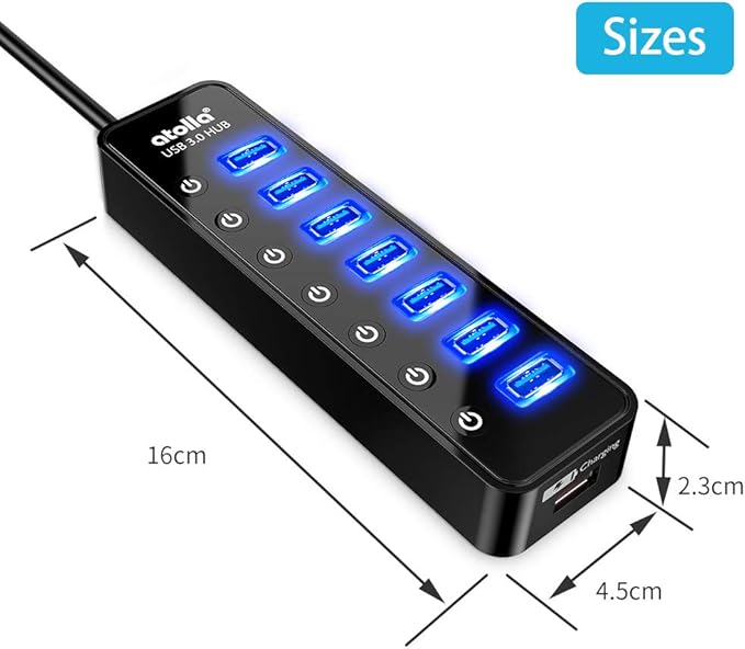 Powered USB Hub 3.0 Atolla 7-Port USB Data Hub Splitter with One Smart Charging Port and Individual On/Off Switches and 5V/4A Power Adapter USB Extension for MacBook Mac Pro/Mini and More.
