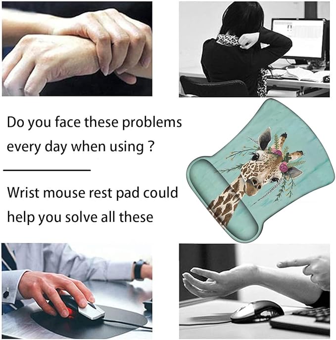 Keyboard Wrist Rest + Mouse Wrist Rest + Coaster + Invisible Hook Set Ergonomic Mouse Pad Wrist Pain Relief and Non-Slip Base Design Suitable for Office and Home Green Rustic Wood and Giraffe