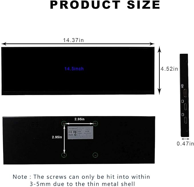 VSDISPLAY 14.5 Inch 2K 2560x720 LCD Monitor Touch Panel 14.5'' Stretched Bar Display with USB-C Video Input for Gaming/PC/Laptop/Computer Monitoring Extra Secondary Screen