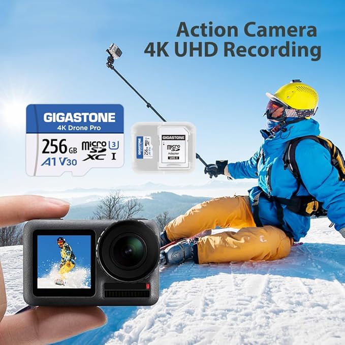 【Designed for Drone】 GIGASTONE 256GB Micro SD Card 4K Drone Pro MicroSDXC Memory Card for Security Camera DJI Drone or Action Camera 4K Video Recording UHS-I U3 A1 V30 100MB/s with Adapter.