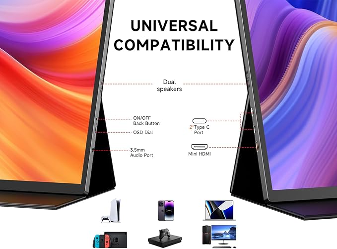 qaf 18.5 Inch Portable Monitor 100Hz 1080P FHD IPS HDR Display 100% sRGB Frameless Gaming Travel Second Monitor for Laptop PC Mac PS5 Xbox VESA Mount Built-in Speakers - Classic Black
