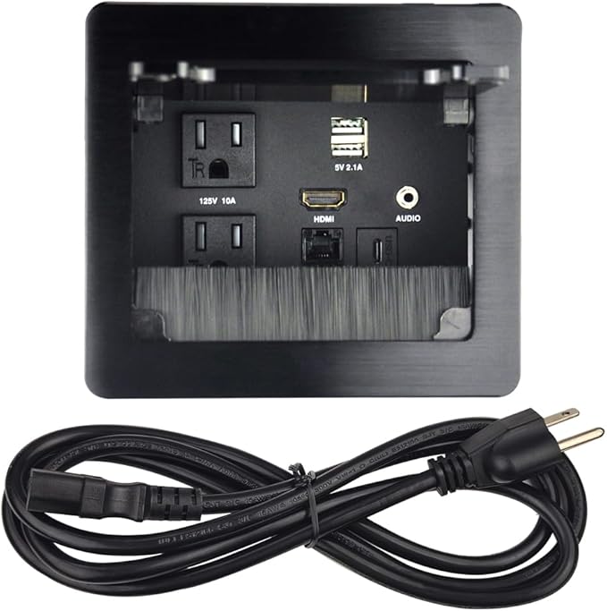 Tabletop Brush Flip Connectivity Box with 2 AC Power + 2 USB Charger + HDMI + 1 3.5mm Audio + USB-C Data + RJ45(cat6) for Conference Room (Black)