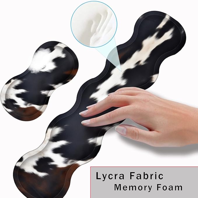 Keyboard Wrist Rest and Mouse Pad with Wrist Support Set Ergonomic CoasterMemory FoamEasy Typing Pain ReliefLarge XL Desk Mat 31.5x 11.8Cute Cowhide Brown Black Cow