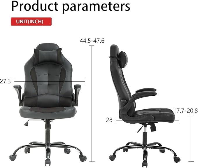 Gaming Chair High Back Computer Chair Egonomic Office Chair PU Leather Video Game Chairs Swivel Executive Chairwith Flip Up Arm Headrest Racing Chairs Rolling Chair for Adults Black