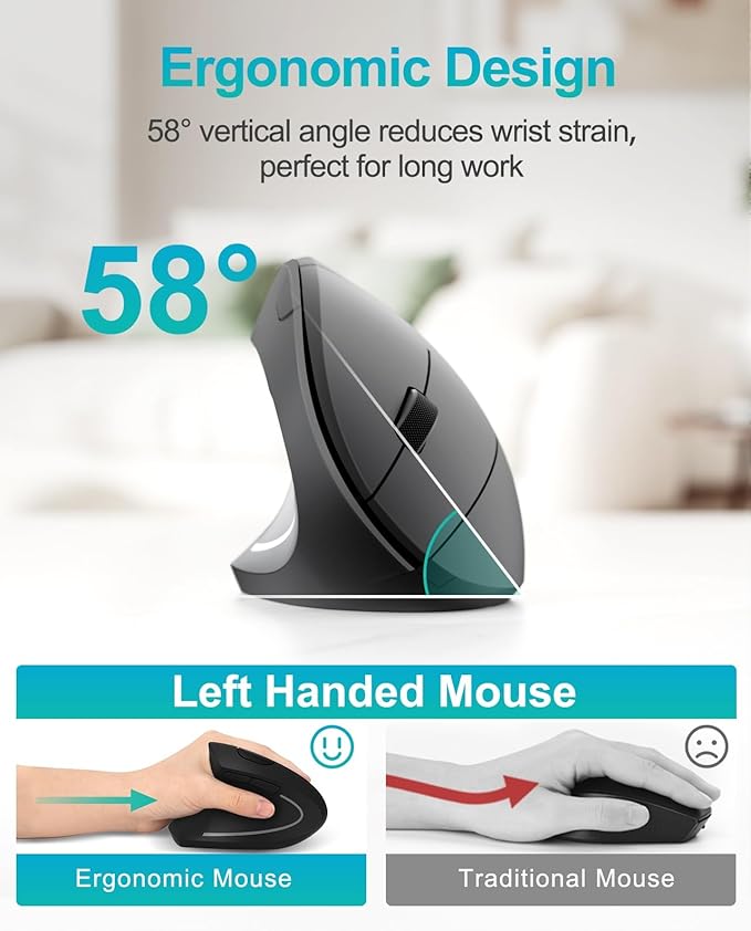 Lekvey Left Handed Ergonomic Mouse Vertical Wireless Mouse for Left Hand 2.4G USB Carpal Tunnel Lefty Mouse 3 Adjustable DPI 6 Buttons for Laptop PC Computer Mac Windows Desktop - Black