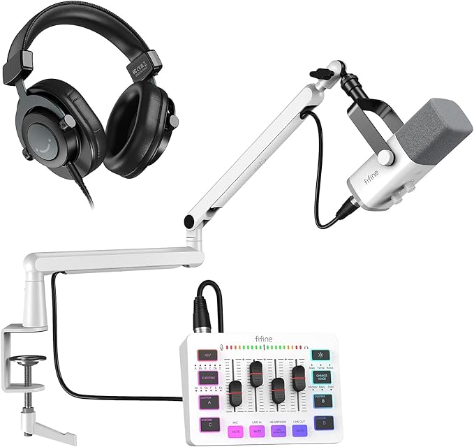 FIFINE Gaming Streaming Kit XLR Dynamic Microphone with Heavy Duty Boom Arm Game Mixer Headphones Studio for Recording Vocal Voice-Over