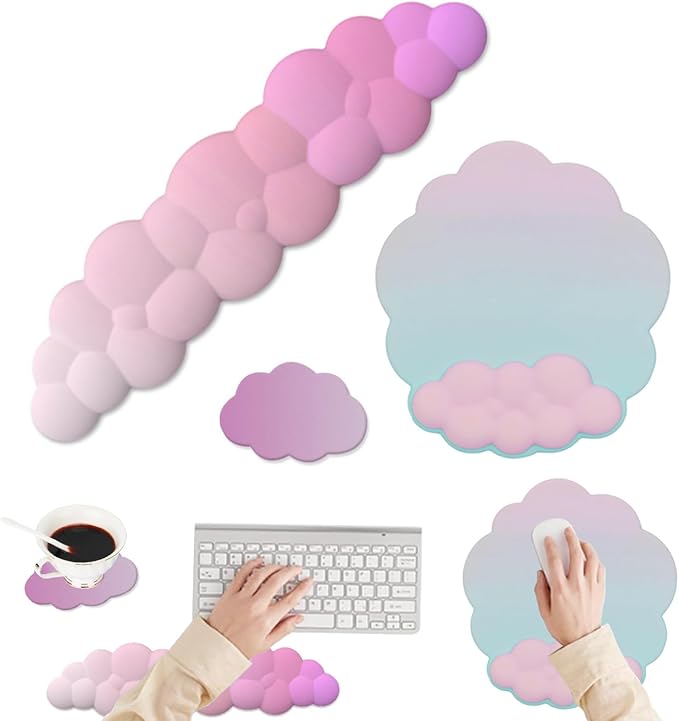 Cloud Mouse Keyboard Wrist Rest:Cute Wrist Rest Set -Ergonomic Memory Foam Wrist Support Pad with Non-Slip Base for Typing Pain Relief - for Computer Keyboard Laptop Offices (Cyan/Pale Purple/Pink)