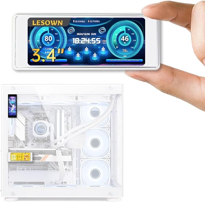 Computer Temp Monitor 3.4-inch IPS Panel LCD Mini Screen Dynamic Theme Supported Small Secondary Screen CPU RAM HDD Data Monitor (White)