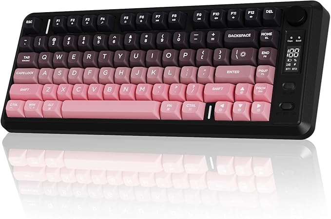 M75 Wireless Gaming Keyboard Mechanical Feel Membrane with Knob &amp OLED Display Bluetooth/2.4Ghz Rainbow Backlit Gradient PBT Keycaps 2000mAH Battery Anti-Ghosting-Pink