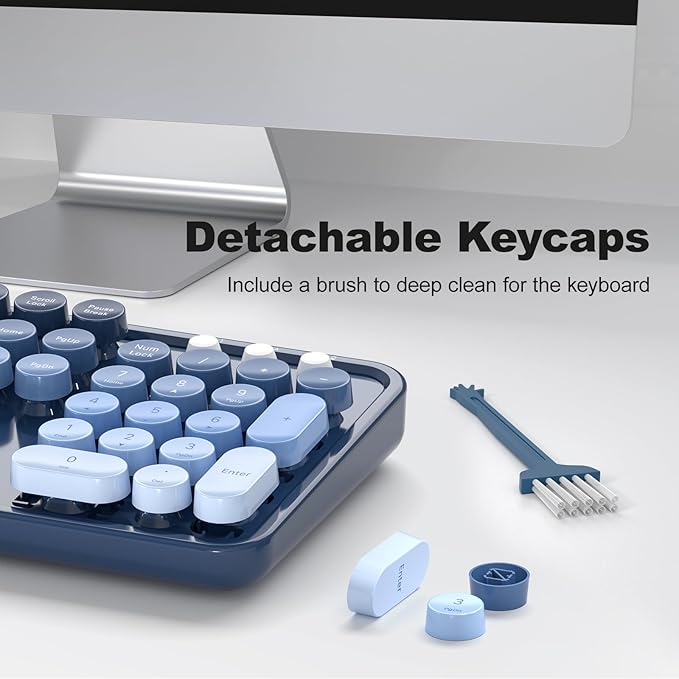 Wireless Keyboard and Mouse Combo MOWUX Full Size Typewriter Retro Round Computer Keyboard Cute Optical Mouse Wireless Plug and Play for Laptop PC Computer- Sea Blue Gradient
