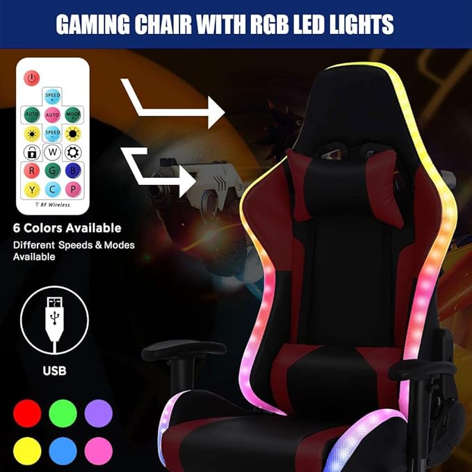 7-Point Massage Gaming Chair with Speakers and LED Lights Ergonomic Computer Gaming Chair with Footrest and Lumbar SupportHigh Back Office Video Racing Adult Gaming ChairPink