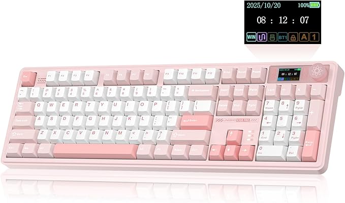 LINGBAO K108 Pro Wireless Mechanical Keyboard with Screen &amp Knob Full Size Creamy Keyboard with Number Pad 10000mAh Battery PBT Keycaps RGB Backlit Hot-swappable Pink Gaming Keyboard for PC/M