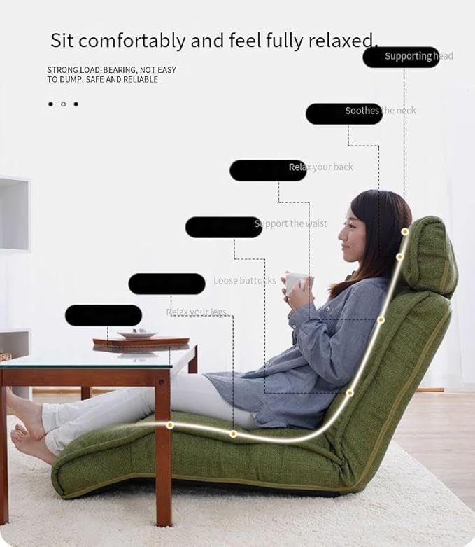 Folding Floor Chair Portable Padded Lounge Chair with 42 Positions Adjustable Lazy Sofa Sleeper Recliner for Reading Gaming Meditation A